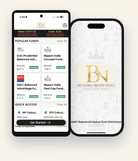 The BN Global Wealth app on two phones